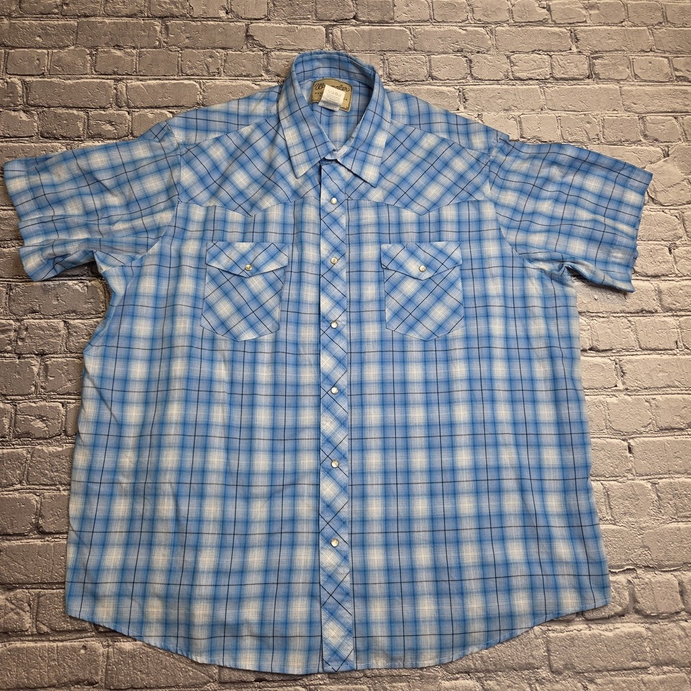 Wrangler Button Shirt Mens 2XL Blue Plaid Short Sleeve Snap Up Western